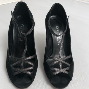 Gunmetal brand black suede stiletto heels